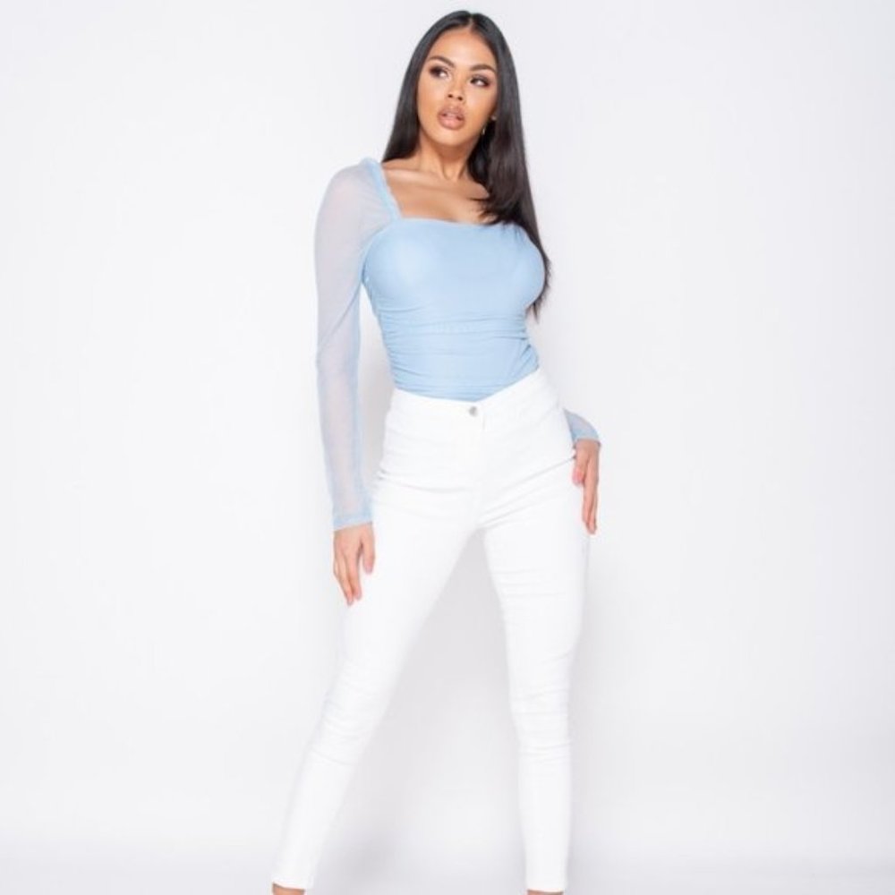 Sweet Nothings Blue Sheer Sleeve Bodysuit - Picture 4 of 9